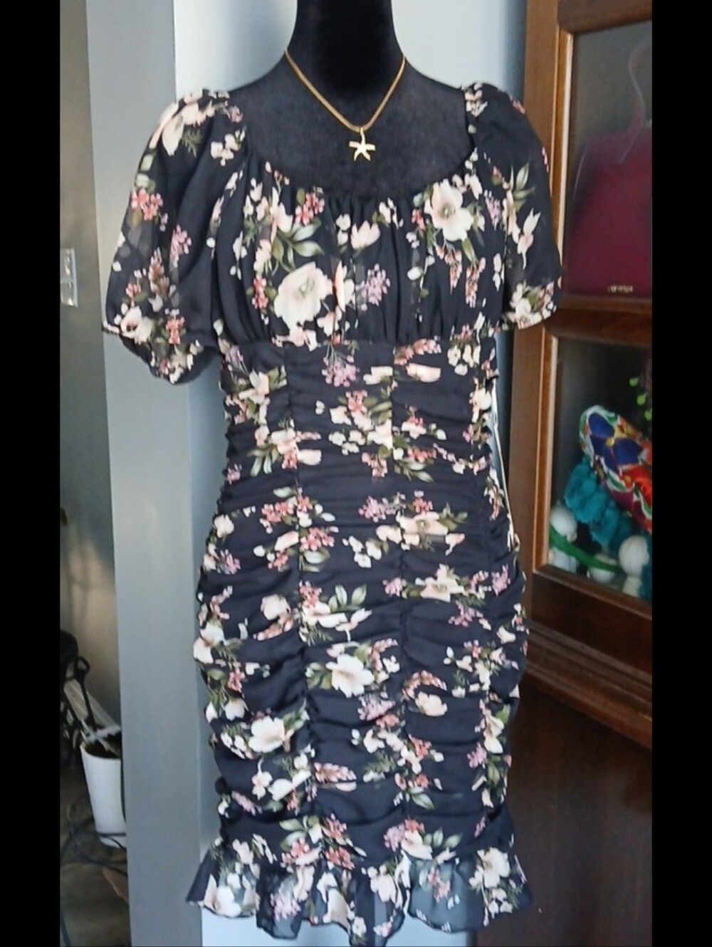 Black Floral Ruched Mini Dress with Puff Sleeves Juniors